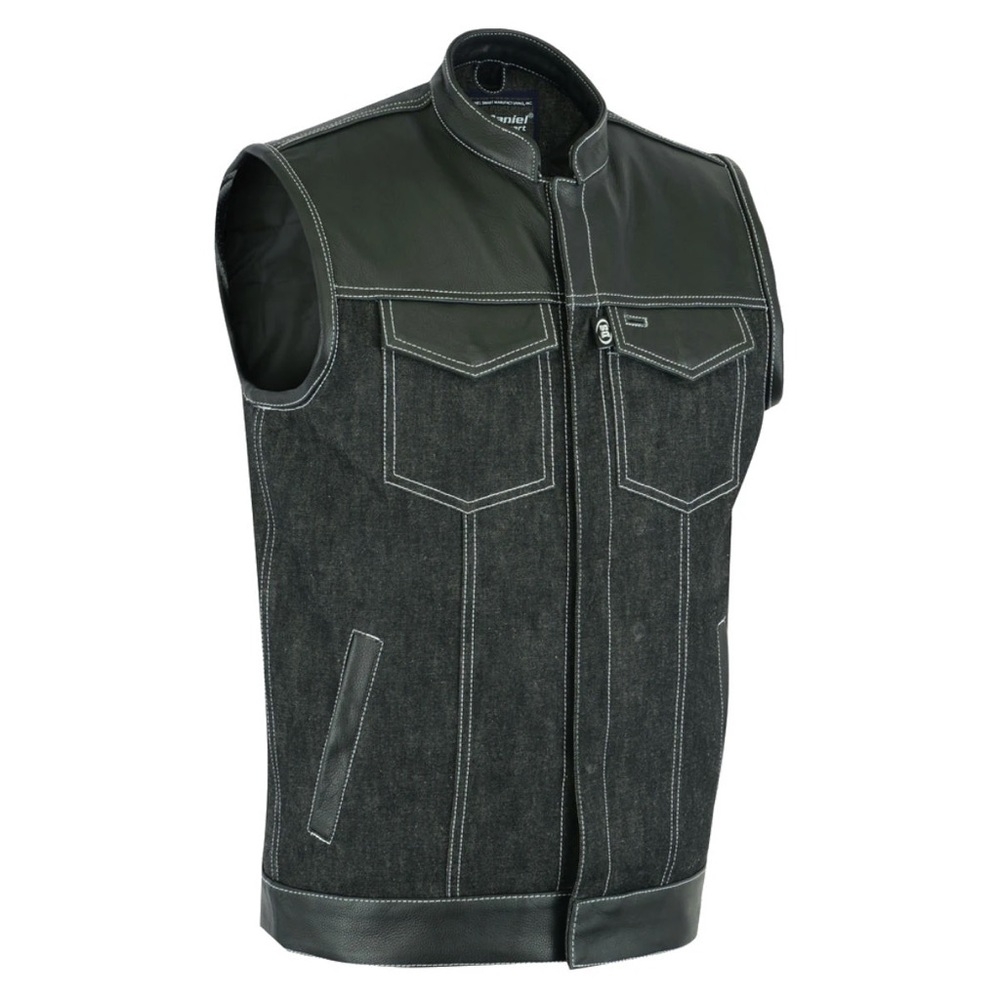 Men Motorcycle Leather Denim Combo Motorcycle Vest Concealed Carry